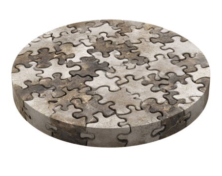 Round Podium Formed by Puzzle Pieces Interlocked Together, Top View, Isolated on Transparent Background