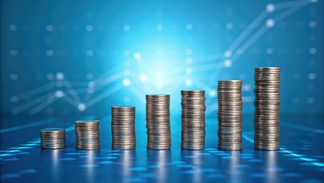 T Bank Financial growth represented by stacked coins against a blue background with data visualization elements.