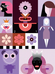 Pop art collage of portraits of people, abstract geometric designs and decorative elements. Modern style vector illustration. 