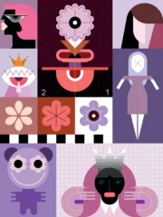 Printed roller blinds Pop art collage of portraits of people, abstract geometric designs and decorative elements. Modern style vector illustration. 