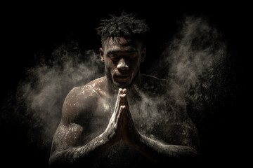 Athlete in meditation amidst a dust cloud.