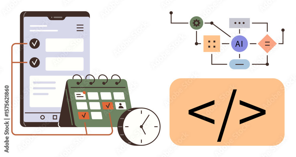 Poster smartphone task list, calendar with checkmarks, clock for time tracking, coding symbol, ai process d