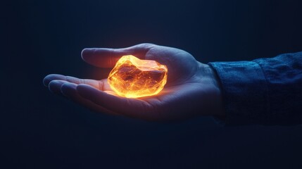Captivating glowing stone held in hand dimly lit studio close-up photo artistic concept mystical vibe
