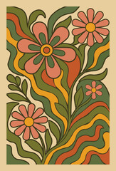 Retro 60s and 70s floral wall art with groovy colors and botanical charm—perfect for vintage-inspired decor.