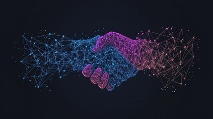 Digital handshake symbolizing business collaboration virtual environment abstract art global connectivity