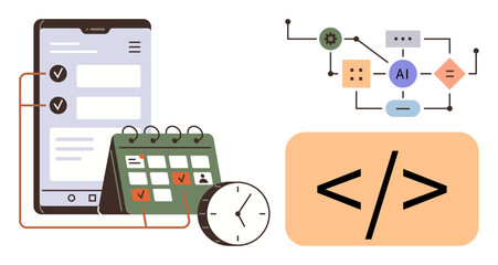 Smartphone task list, calendar with checkmarks, clock for time tracking, coding symbol, AI process diagram. Ideal for productivity, automation, planning, programming AI concepts time management