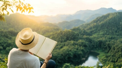 Reading in nature's embrace a serene mountain landscape at sunset peaceful retreat outdoor experience