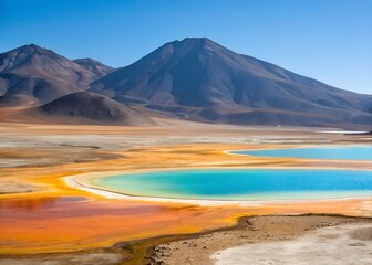 Colorful mineral ponds with vibrant blue, yellow, and orange hues on a barren landscape with mountains in the background.