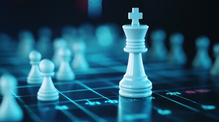 Strategic chess game in a modern digital arena king piece surrounded by pawns abstract dark environment close-up view