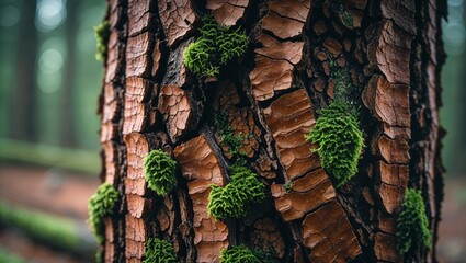Pine Bark Close-Up with Deep Crevices and Moss background