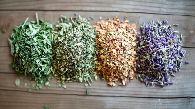 Assorted dried herbs and spices on wooden surface