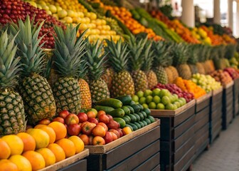 Fresh pineapples and other fruits displayed at a market stand with colorful produce in the background.