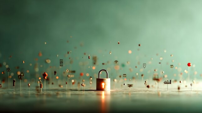 Single glowing padlock icon centered on a clean green-gray gradient background, with large negative space for design purposes.