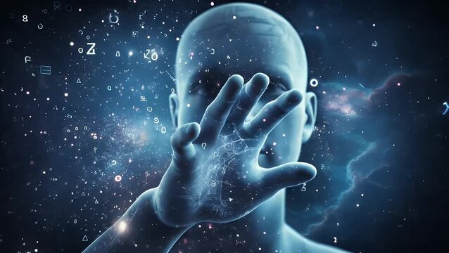 Blue humanoid figure in cosmic space with glowing symbols