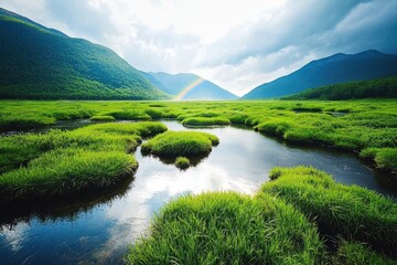 A serene marshland with lush green grass, calm water, surrounding mountains, and a rainbow appearing under a partly cloudy sky.