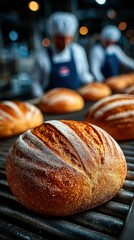Freshly baked bread cooling on a rack in a busy bakery during the early morning hours