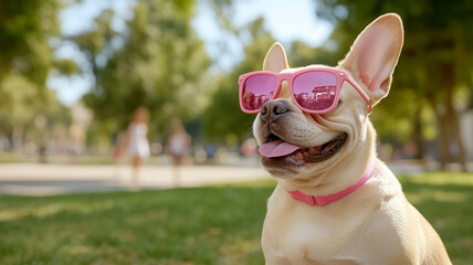 French Bulldog wearing pink sunglasses and collar, sitting outdoors grass, cheerful summer vibe