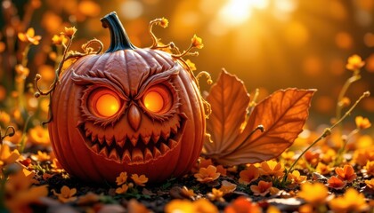 a spectral halloween pumpkin with owl face, tendrils of growth blooming in sunlit gold tones, the subject positioned on the left, ample copy space on the right; rendered under pure