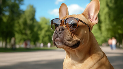 French Bulldog sunglasses fashionable confident outdoor summer park happy
