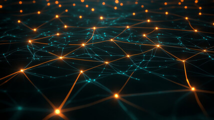 Futuristic digital grid with glowing orange points, interconnected lines, and dark background