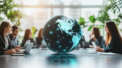 Global Business Meeting: A captivating image of a business meeting, featuring a digital globe floating above a conference table, symbolizes global interconnectedness and business. Attendees seated. - Powered by Adobe