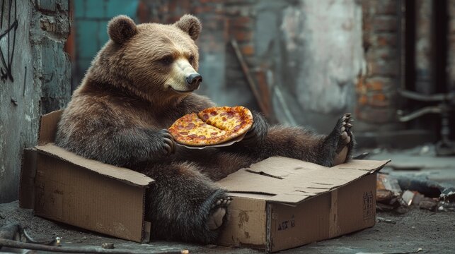 Bear eating pizza cardboard box