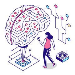 ısometric vector illustration of a glowing artificial intelligence brain made of circuit lines and data nodes, futuristic tech design, white background, flat colors