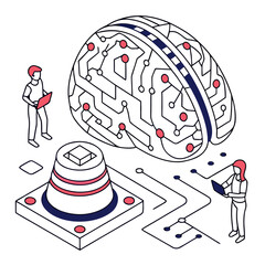 ısometric vector illustration of a glowing artificial intelligence brain made of circuit lines and data nodes, futuristic tech design, white background, flat colors
