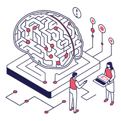 ısometric vector illustration of a glowing artificial intelligence brain made of circuit lines and data nodes, futuristic tech design, white background, flat colors