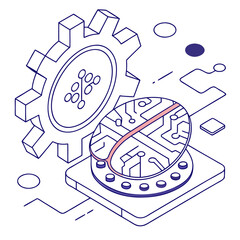 ısometric vector illustration of a glowing artificial intelligence brain made of circuit lines and data nodes, futuristic tech design, white background, flat colors