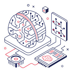 ısometric vector illustration of a glowing artificial intelligence brain made of circuit lines and data nodes, futuristic tech design, white background, flat colors