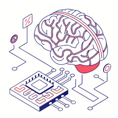 ısometric vector illustration of a glowing artificial intelligence brain made of circuit lines and data nodes, futuristic tech design, white background, flat colors