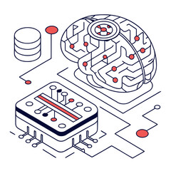 ısometric vector illustration of a glowing artificial intelligence brain made of circuit lines and data nodes, futuristic tech design, white background, flat colors