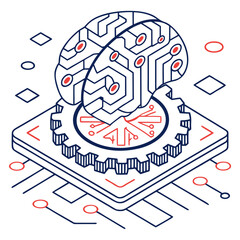 ısometric vector illustration of a glowing artificial intelligence brain made of circuit lines and data nodes, futuristic tech design, white background, flat colors