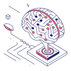 ısometric vector illustration of a glowing artificial intelligence brain made of circuit lines and data nodes, futuristic tech design, white background, flat colors