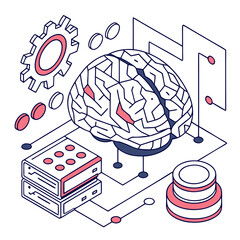 ısometric vector illustration of a glowing artificial intelligence brain made of circuit lines and data nodes, futuristic tech design, white background, flat colors