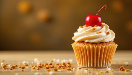 a lone cupcake, adorned with a glistening cherry, radiates opulence; polished to a mirror sheen, viewed from a dramatic side profile, positioned on the right side of the frame