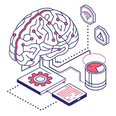 ısometric vector illustration of a glowing artificial intelligence brain made of circuit lines and data nodes, futuristic tech design, white background, flat colors