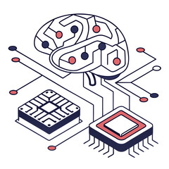 ısometric vector illustration of a glowing artificial intelligence brain made of circuit lines and data nodes, futuristic tech design, white background, flat colors