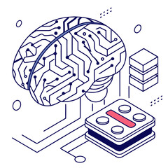 ısometric vector illustration of a glowing artificial intelligence brain made of circuit lines and data nodes, futuristic tech design, white background, flat colors