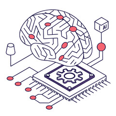 ısometric vector illustration of a glowing artificial intelligence brain made of circuit lines and data nodes, futuristic tech design, white background, flat colors