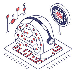 ısometric vector illustration of a glowing artificial intelligence brain made of circuit lines and data nodes, futuristic tech design, white background, flat colors