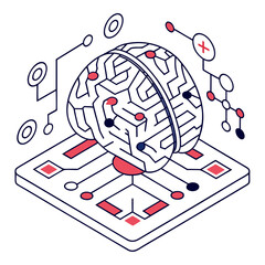 ısometric vector illustration of a glowing artificial intelligence brain made of circuit lines and data nodes, futuristic tech design, white background, flat colors