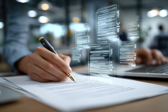 Close-up of person signing document, holographic code overlay