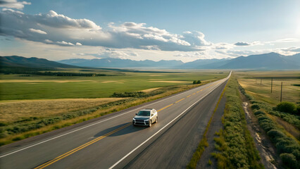 Car on a scenic highway through beautiful mountain landscape under a bright sky, driving in the countryside.