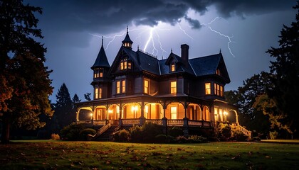 Gothic mansion illuminated by storm
