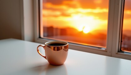 a starkly isolated rose gold toned ceramic coffee cup, brimming with dark, viscous hot coffee, positioned on the left of the frame against an immaculate white background