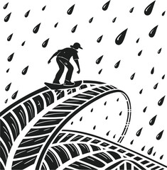 Extreme sport silhouettes: men and women in action, from ski and snowboard to surf, with grunge art design