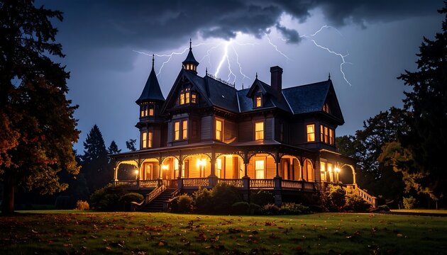 Gothic mansion illuminated by storm
