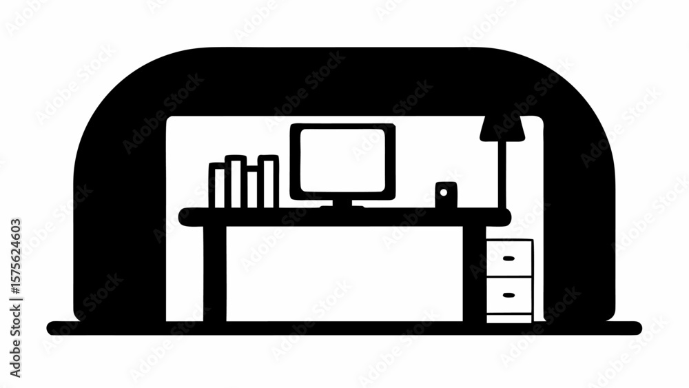 Fototapete A black and white illustration of a desk with a computer and books inside of a rounded structure